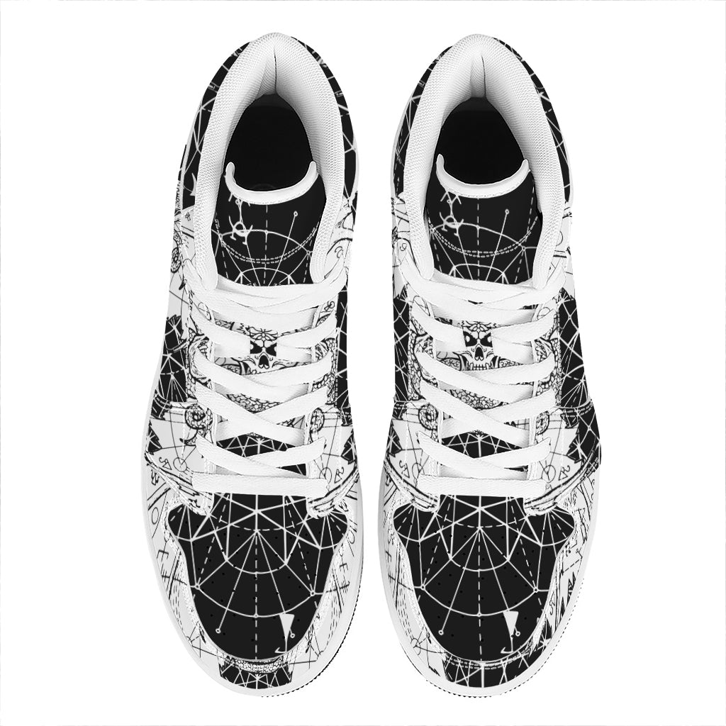 Black And White Demon Wicca Print High Top Leather Sneakers