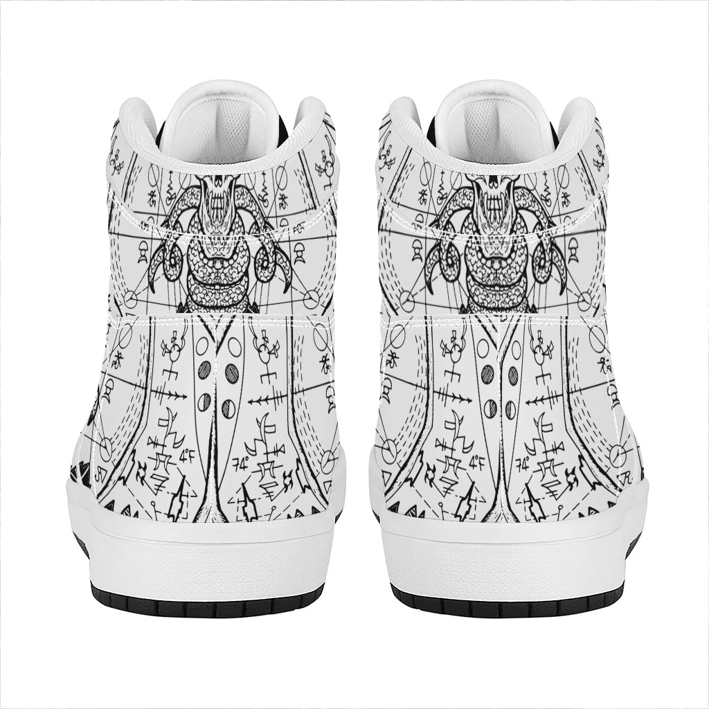 Black And White Demon Wicca Print High Top Leather Sneakers