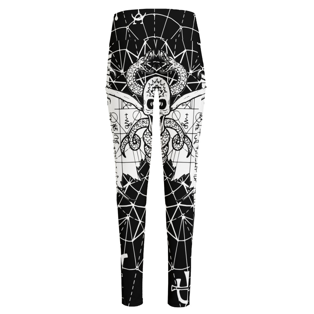 Black And White Demon Wicca Print High-Waisted Pocket Leggings