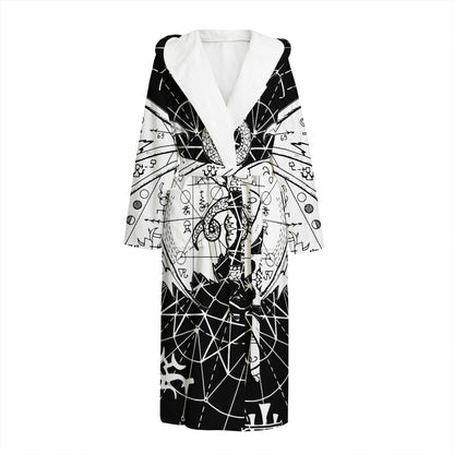 Black And White Demon Wicca Print Hooded Bathrobe