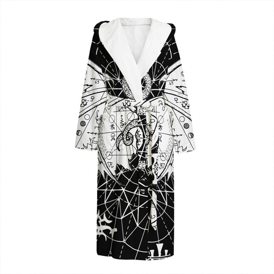 Black And White Demon Wicca Print Hooded Bathrobe