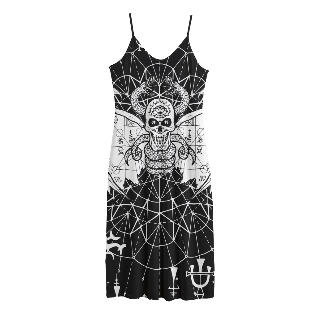 Black And White Demon Wicca Print Jersey Midi Cami Dress