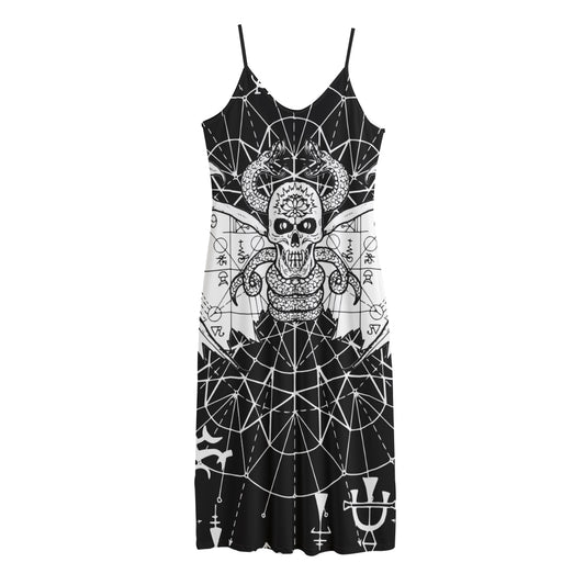 Black And White Demon Wicca Print Jersey Midi Cami Dress