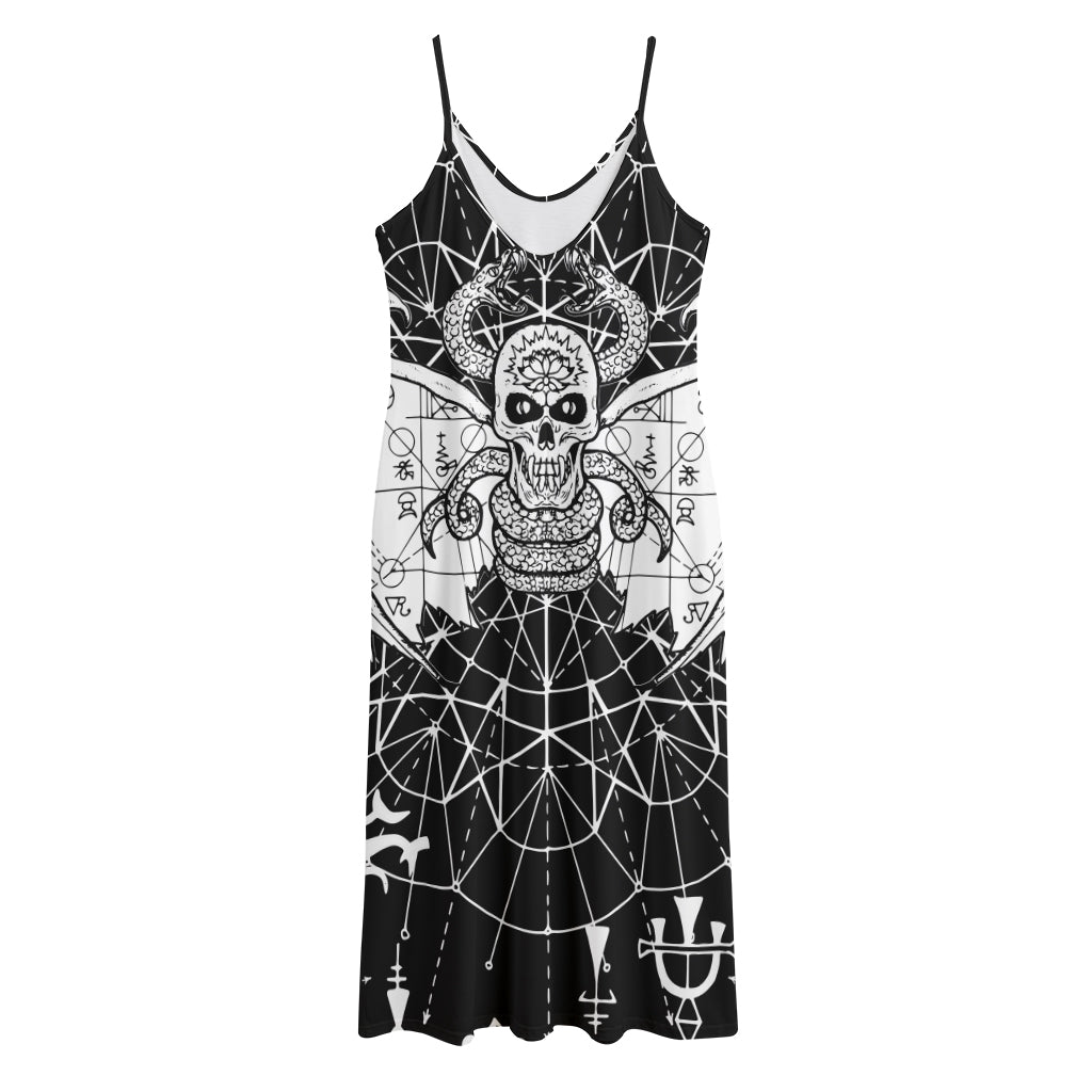Black And White Demon Wicca Print Jersey Midi Cami Dress
