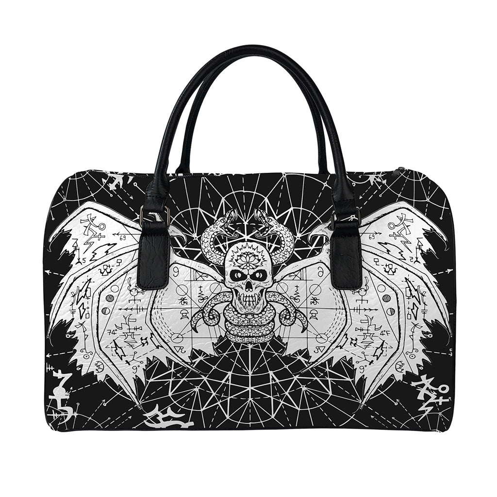 Black And White Demon Wicca Print Leather Duffle Bag