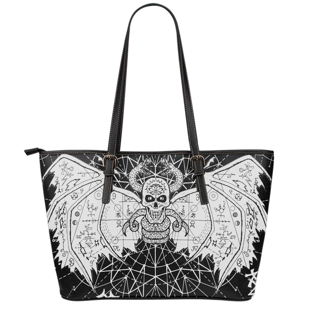 Black And White Demon Wicca Print Leather Tote Bag