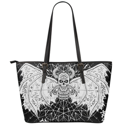 Black And White Demon Wicca Print Leather Tote Bag