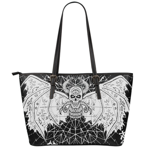 Black And White Demon Wicca Print Leather Tote Bag