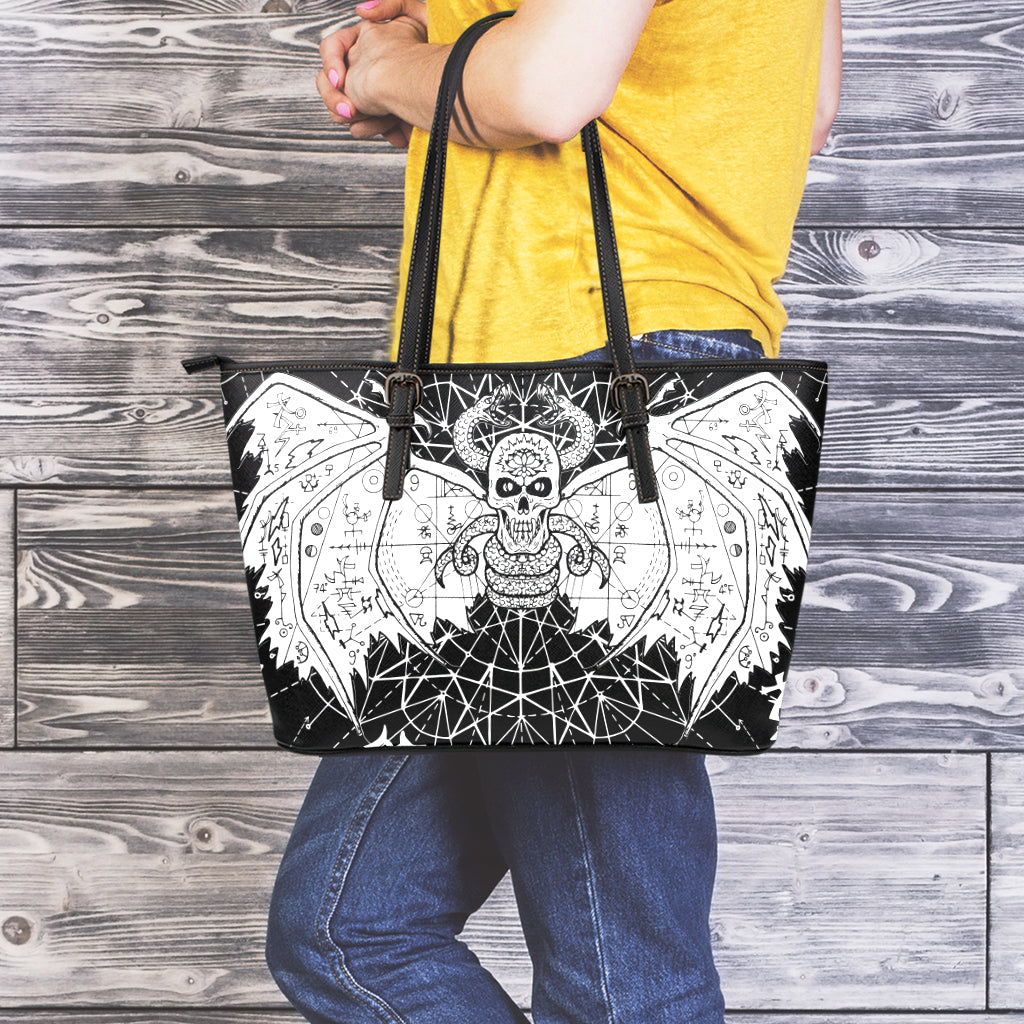 Black And White Demon Wicca Print Leather Tote Bag