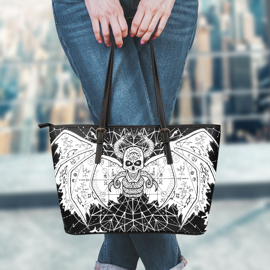 Black And White Demon Wicca Print Leather Tote Bag