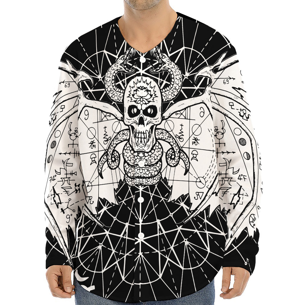 Black And White Demon Wicca Print Long Sleeve Baseball Jersey