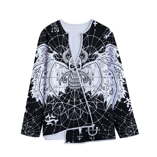 Black And White Demon Wicca Print Long Sleeve Short Coat
