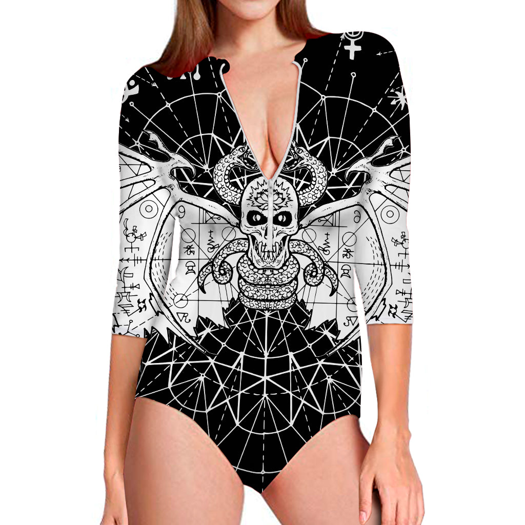 Black And White Demon Wicca Print Long Sleeve Swimsuit