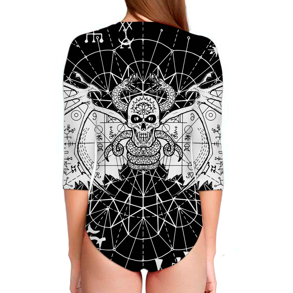 Black And White Demon Wicca Print Long Sleeve Swimsuit