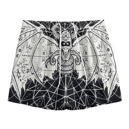 Black And White Demon Wicca Print Mesh Shorts