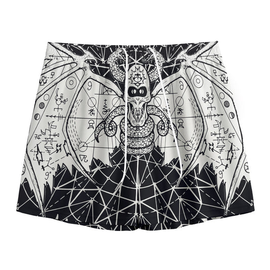 Black And White Demon Wicca Print Mesh Shorts