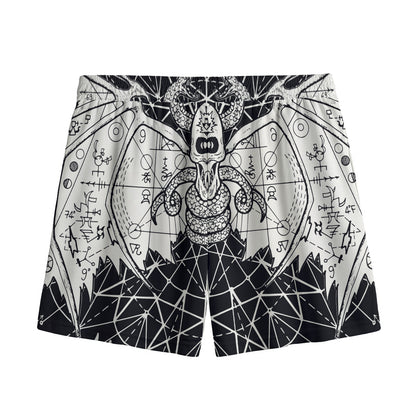 Black And White Demon Wicca Print Mesh Shorts