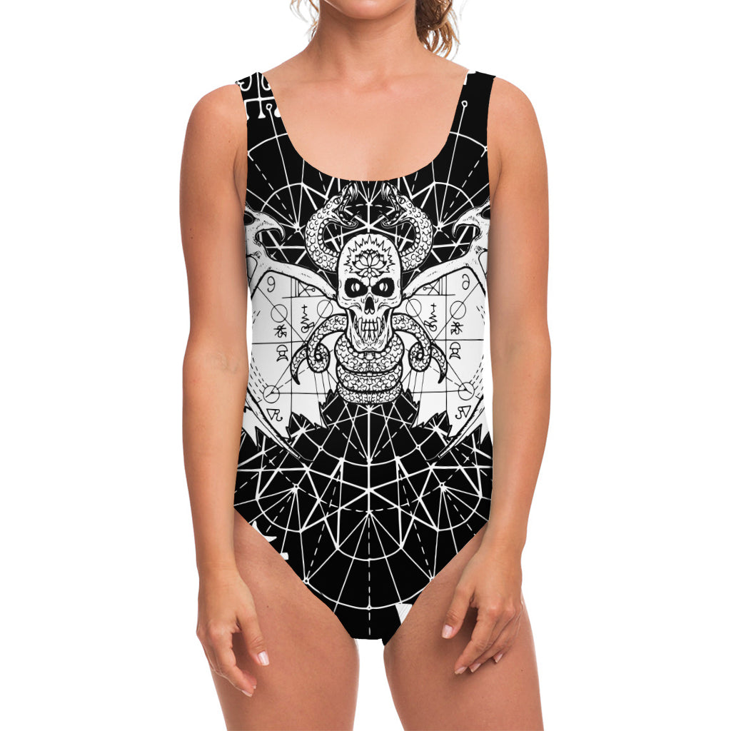 Black And White Demon Wicca Print One Piece Swimsuit