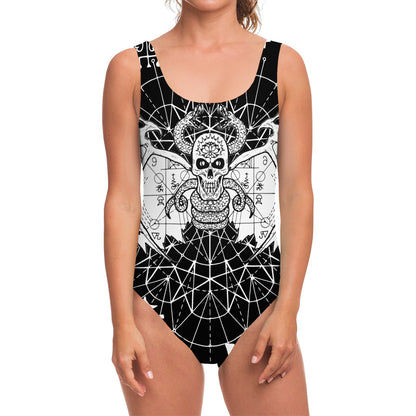 Black And White Demon Wicca Print One Piece Swimsuit