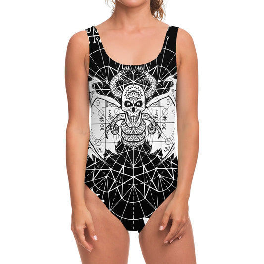 Black And White Demon Wicca Print One Piece Swimsuit