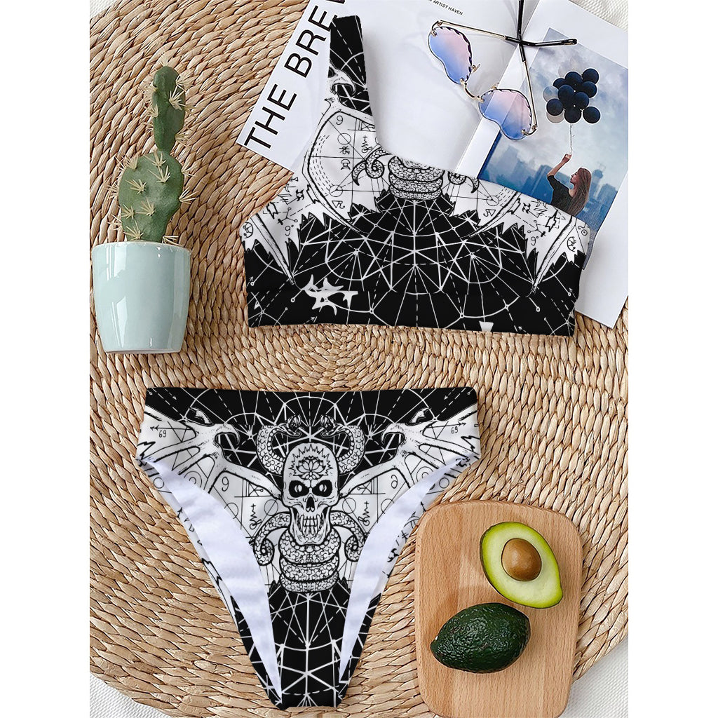 Black And White Demon Wicca Print One Shoulder Bikini Top