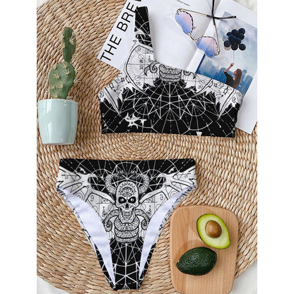 Black And White Demon Wicca Print One Shoulder Bikini Top
