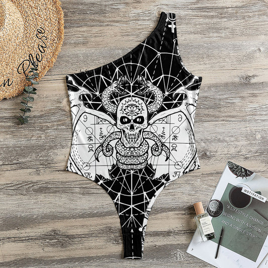 Black And White Demon Wicca Print One Shoulder Bodysuit