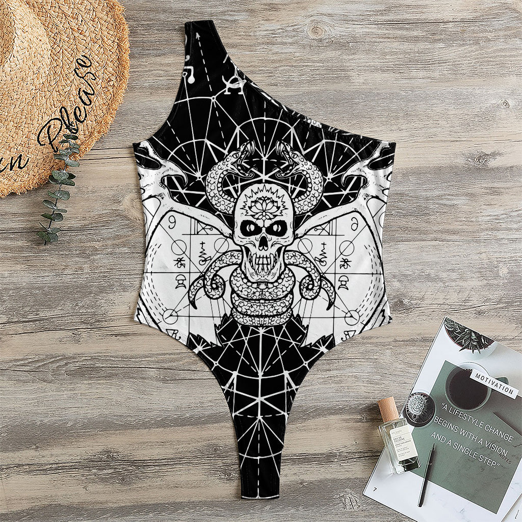 Black And White Demon Wicca Print One Shoulder Bodysuit
