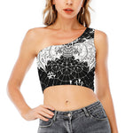 Black And White Demon Wicca Print One Shoulder Crop Top