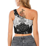 Black And White Demon Wicca Print One Shoulder Crop Top