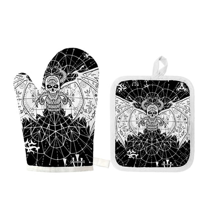 Black And White Demon Wicca Print Oven Mitt And Pot Holder Set