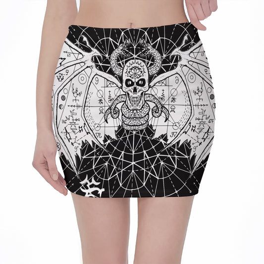 Black And White Demon Wicca Print Pencil Mini Skirt