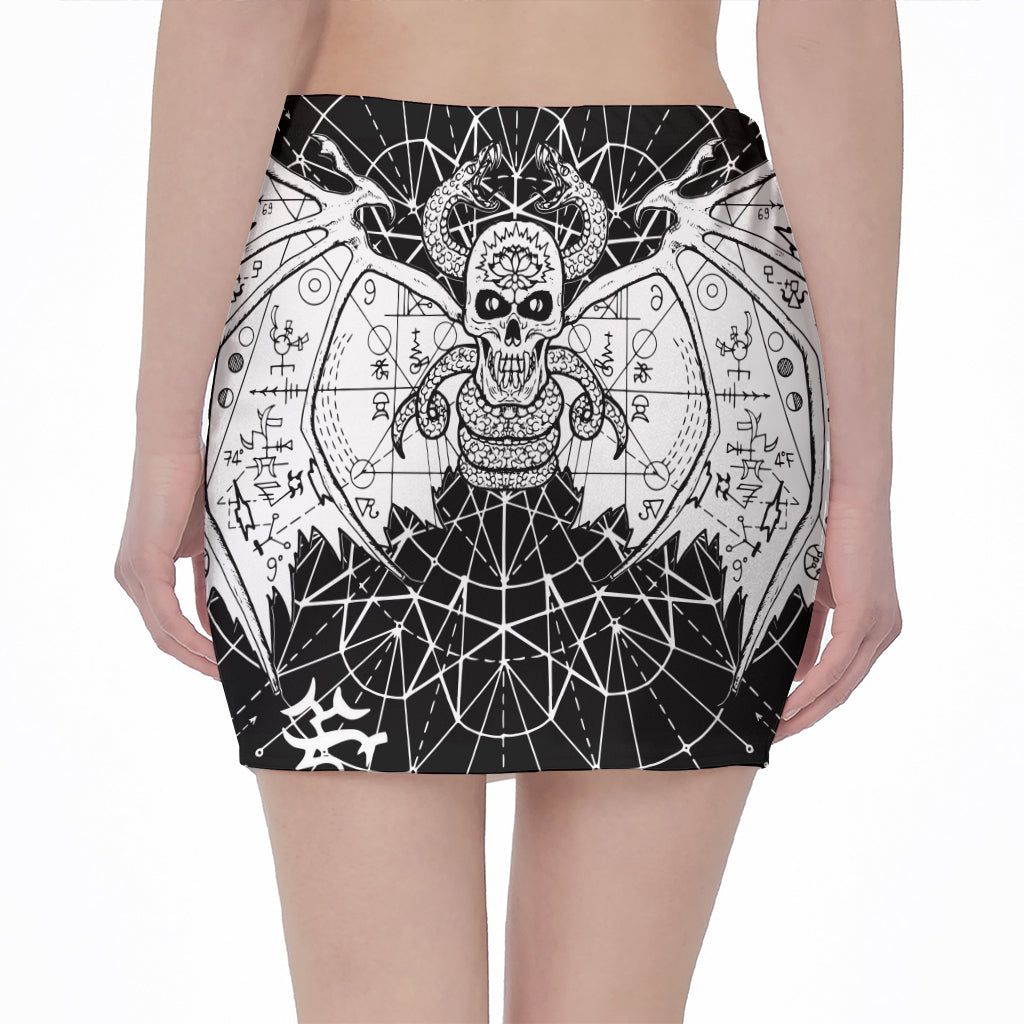 Black And White Demon Wicca Print Pencil Mini Skirt