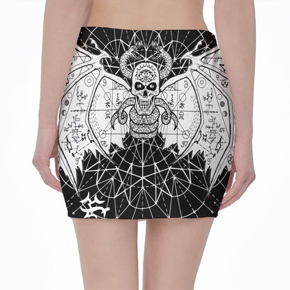 Black And White Demon Wicca Print Pencil Mini Skirt
