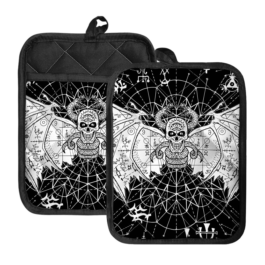Black And White Demon Wicca Print Pot Holders With Pocket
