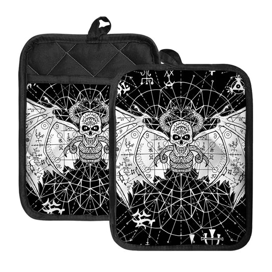 Black And White Demon Wicca Print Pot Holders With Pocket