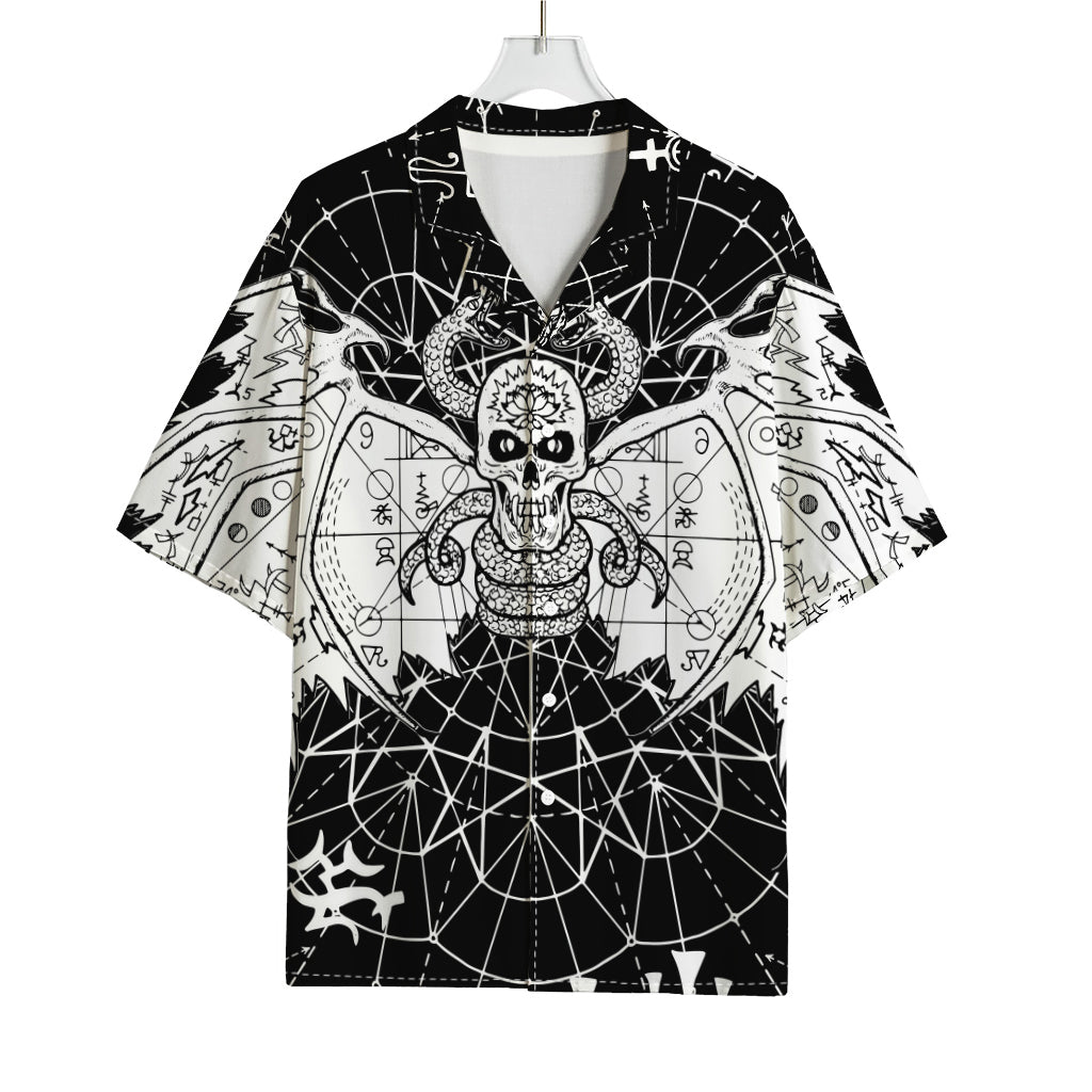 Black And White Demon Wicca Print Rayon Hawaiian Shirt