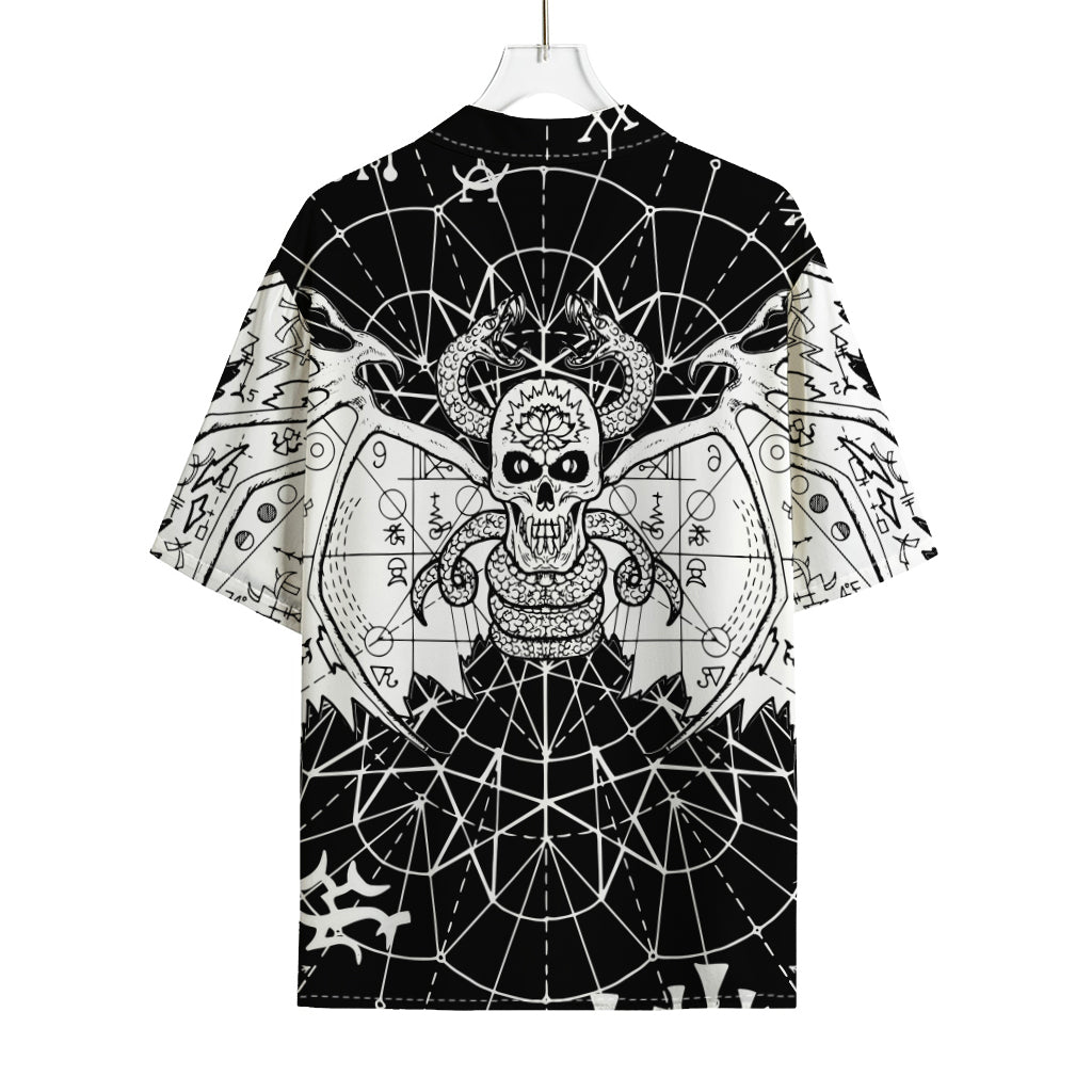 Black And White Demon Wicca Print Rayon Hawaiian Shirt