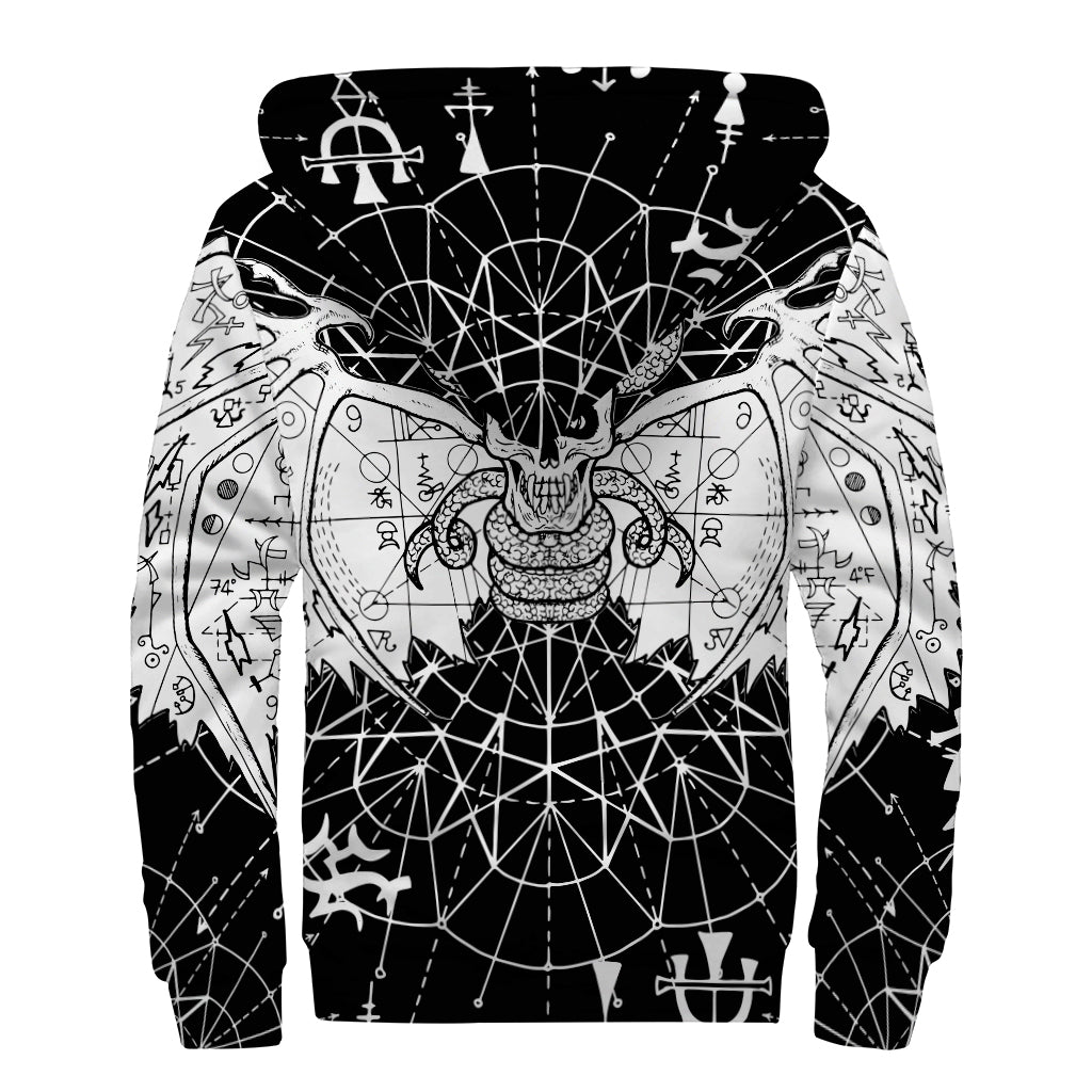 Black And White Demon Wicca Print Sherpa Lined Zip Up Hoodie