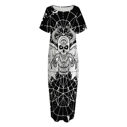 Black And White Demon Wicca Print Short Sleeve Long Nightdress