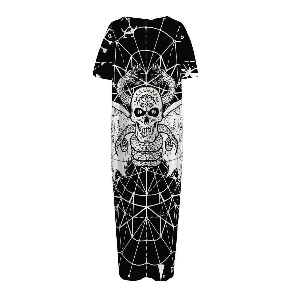 Black And White Demon Wicca Print Short Sleeve Long Nightdress