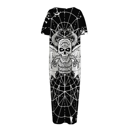 Black And White Demon Wicca Print Short Sleeve Long Nightdress