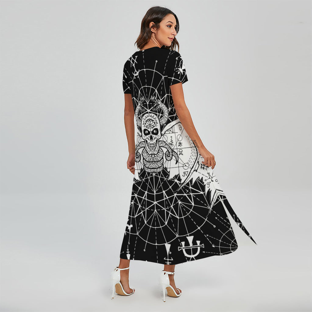 Black And White Demon Wicca Print Short Sleeve Maxi Dress