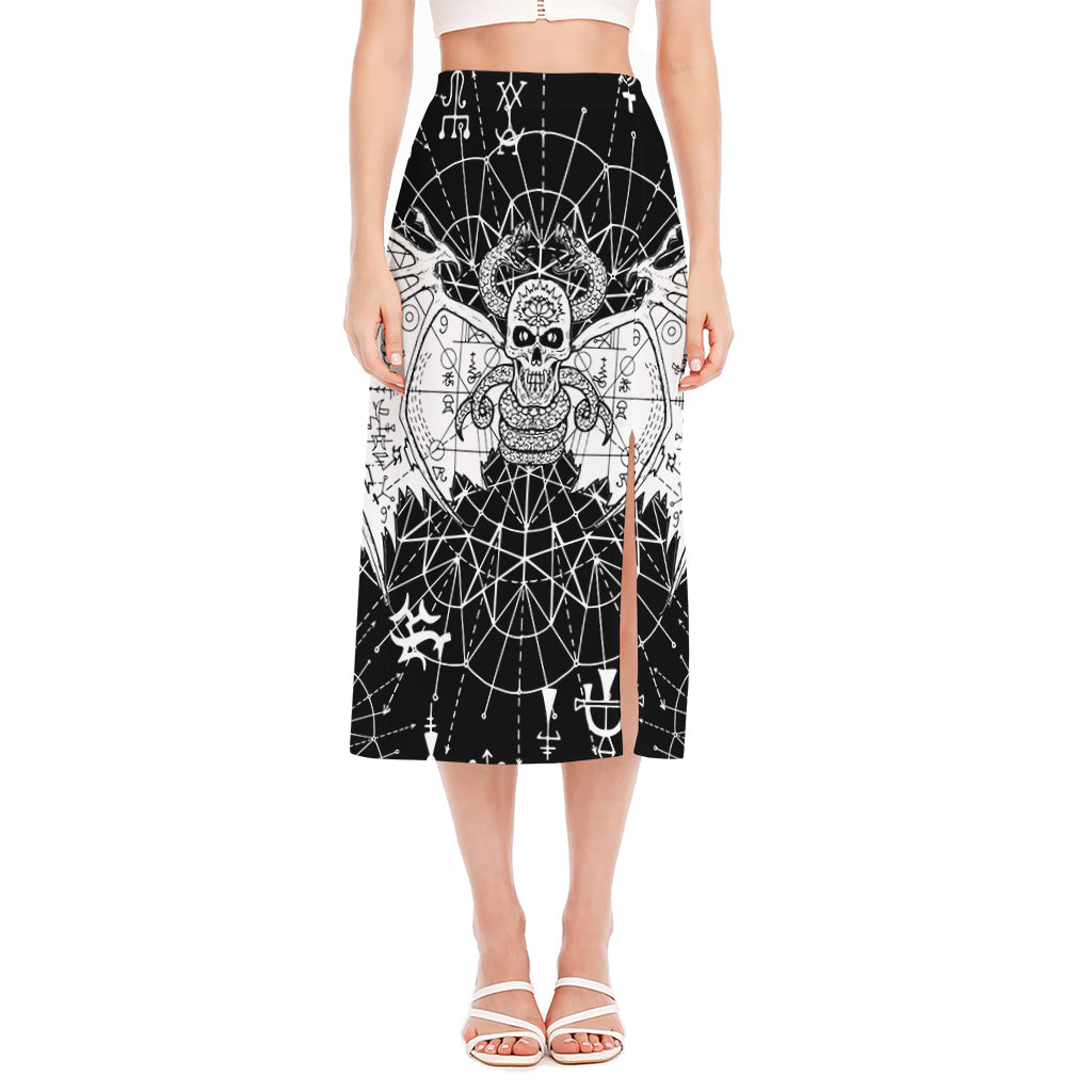 Black And White Demon Wicca Print Side Slit Midi Skirt