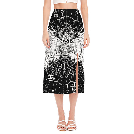 Black And White Demon Wicca Print Side Slit Midi Skirt