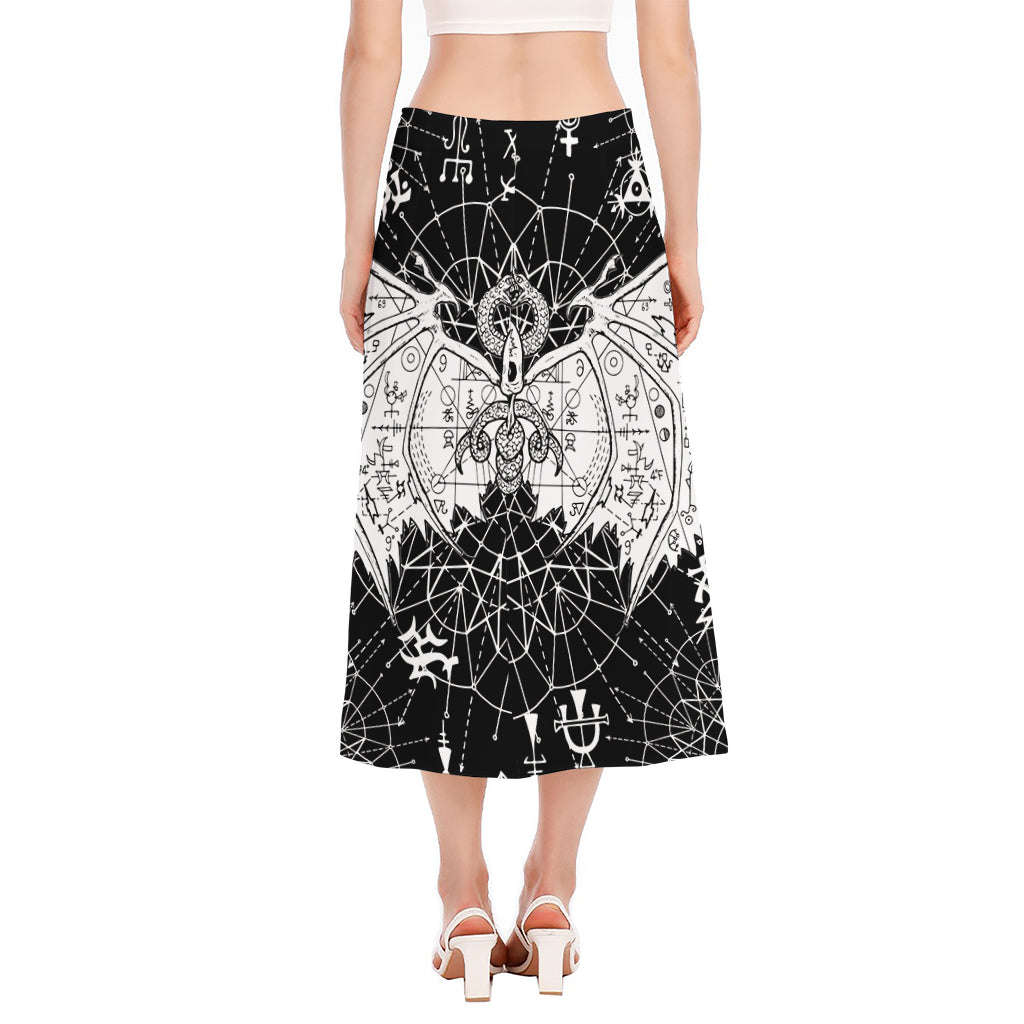 Black And White Demon Wicca Print Side Slit Midi Skirt