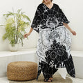 Black And White Demon Wicca Print Silk V-Neck Kaftan Dress