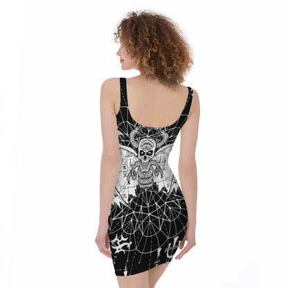 Black And White Demon Wicca Print Sleeveless Bodycon Dress