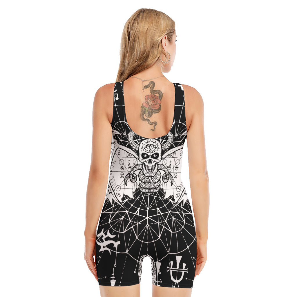 Black And White Demon Wicca Print Sleeveless One Piece Swimsuit