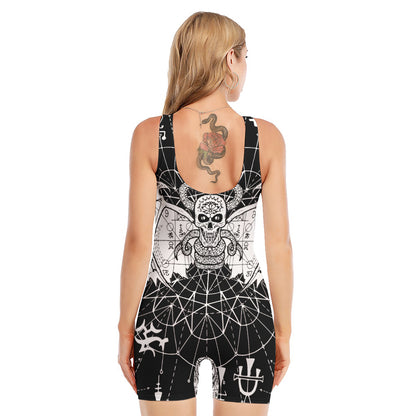Black And White Demon Wicca Print Sleeveless One Piece Swimsuit
